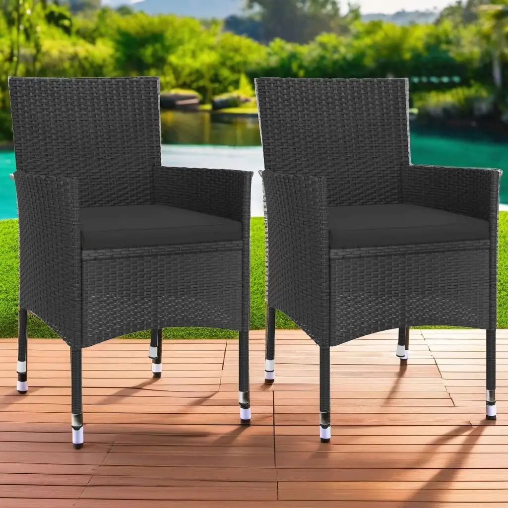 

3-Piece Black Poly Rattan Patio Bistro Set with Cushions - Stylish Outdoor Furniture