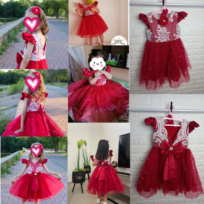 0-5Y Kids Girls Red Christmas Dress Baby Birthday Clothing Children Lace Ruffle Bow A-line Dress Toddler Party Princess Dresses