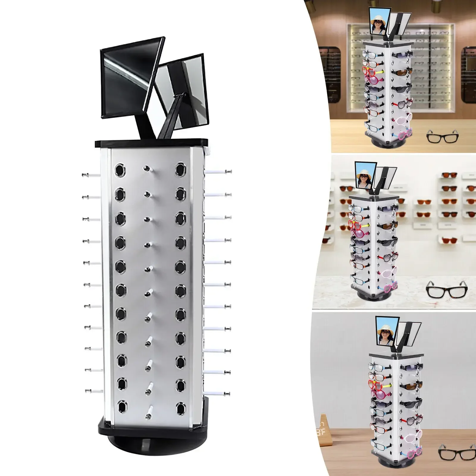 Rotating Glasses Display Stand, 44 Pairs Sunglasses Holder Eyeglass Display Turning Stand with Mirror for Displaying or Storing
