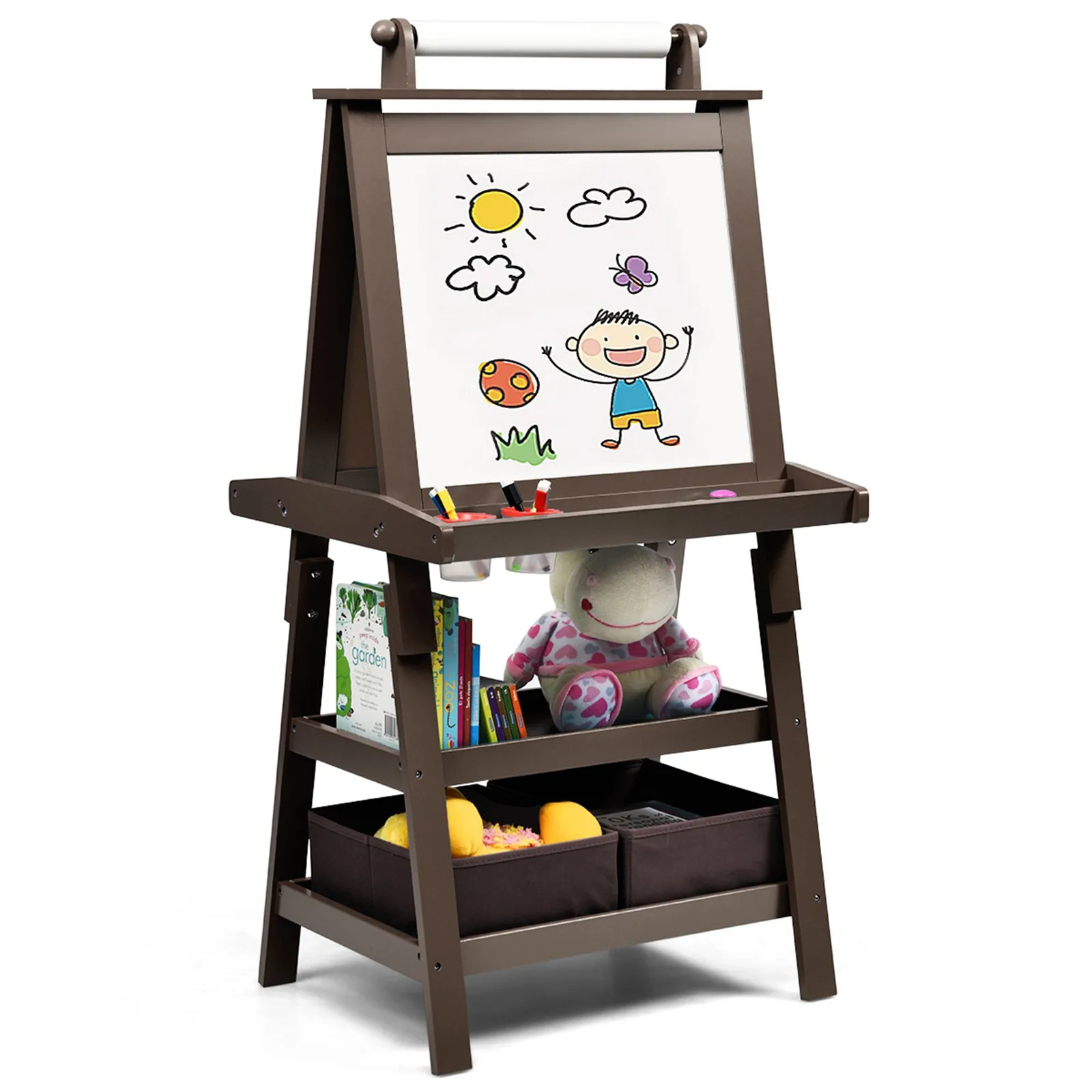 

3 in 1 Double-Sided Storage Art Easel w/ Paint Cups for Toddlers Writing Coffee