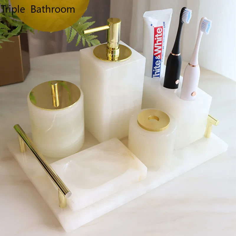 

Nordic Bathroom Toiletry Set Natural Marble Liquid Soap Dispenser Mouth Cup Cotton Swab Box Soap Dish Tray Washing Tools