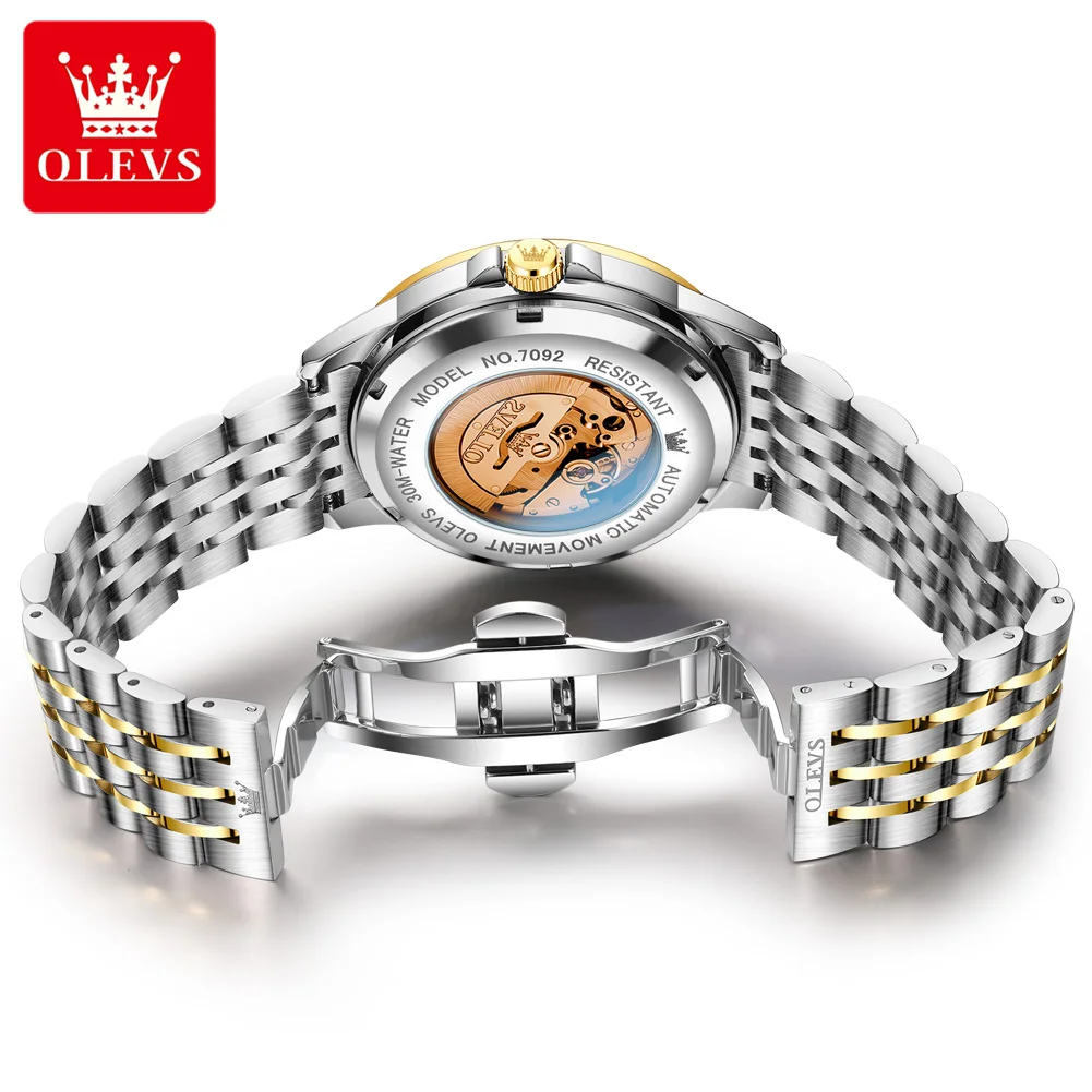 ساعة OLEVS ميكانيكية أوتوماتيكية بالكامل جديدة أصلية من الفولاذ المقاوم للصدأ بمقياس ماسي للرجال مقاومة للماء وتوهج ليلي ﻿