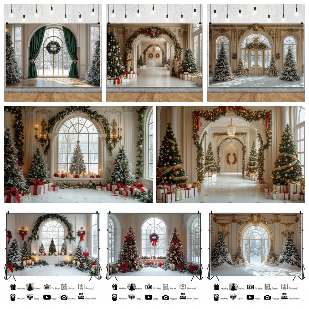 

Luxurious Christmas Arched Windows Photography Background Winter Snow XMAS Trees Indoor Decor Family Holiday Portraits Backdrop
