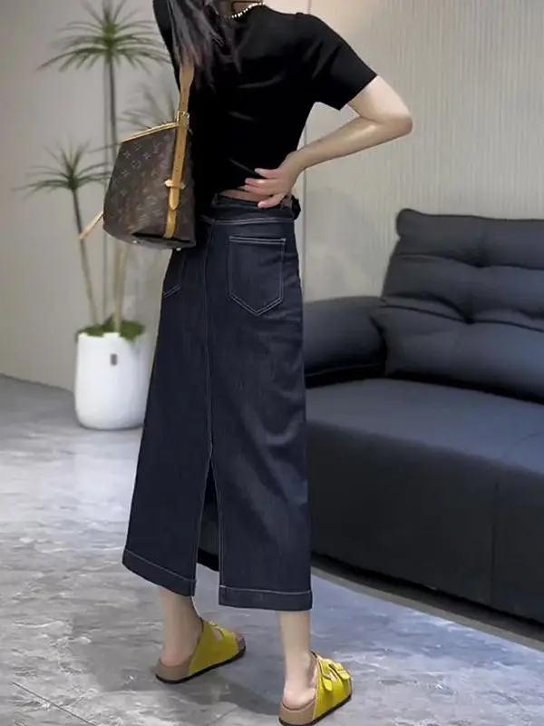 Deep Blue Denim High Waist Slimming Fashionable Straight Cut Skirt Women's Early Autumn New Style Commute Split A-Line Skirt