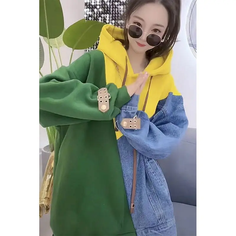 Imagem -04 - Denim Retalhos Hoodies Feminino Oversized Cabolsa com Capuz Primavera Outono Tendência Fina Solta Hoodie Moda Cor Contraste Topo Y2k Roupas