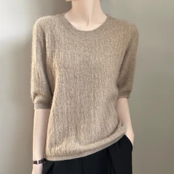 Women Round Neck Loose Tops Summer New Clothes Hollow Out Half Sleeve Shirt Fashion Solid Color Breathable Knitted Pullover