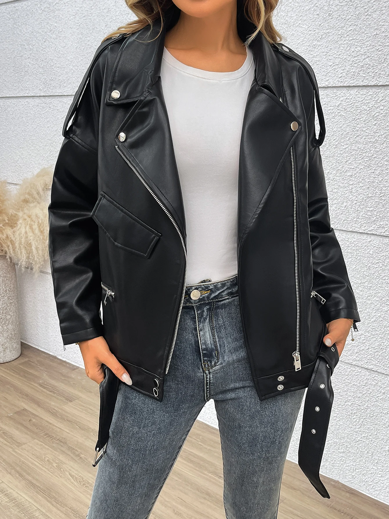 Fitaylor jesienno-zimowa damska kurtka ze sztucznej skóry PU Casual Lady z klapami i zamkiem błyskawicznym luźny płaszcz skórzana odzież motocyklowa