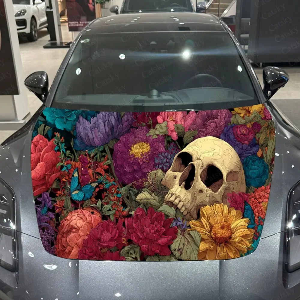 Colorful Bloom & Skull Graphic Car Hood Sticker,Waterproof Self-Adhesive Vinyl Graphics Decals,Decor Auto Accessories Stickers