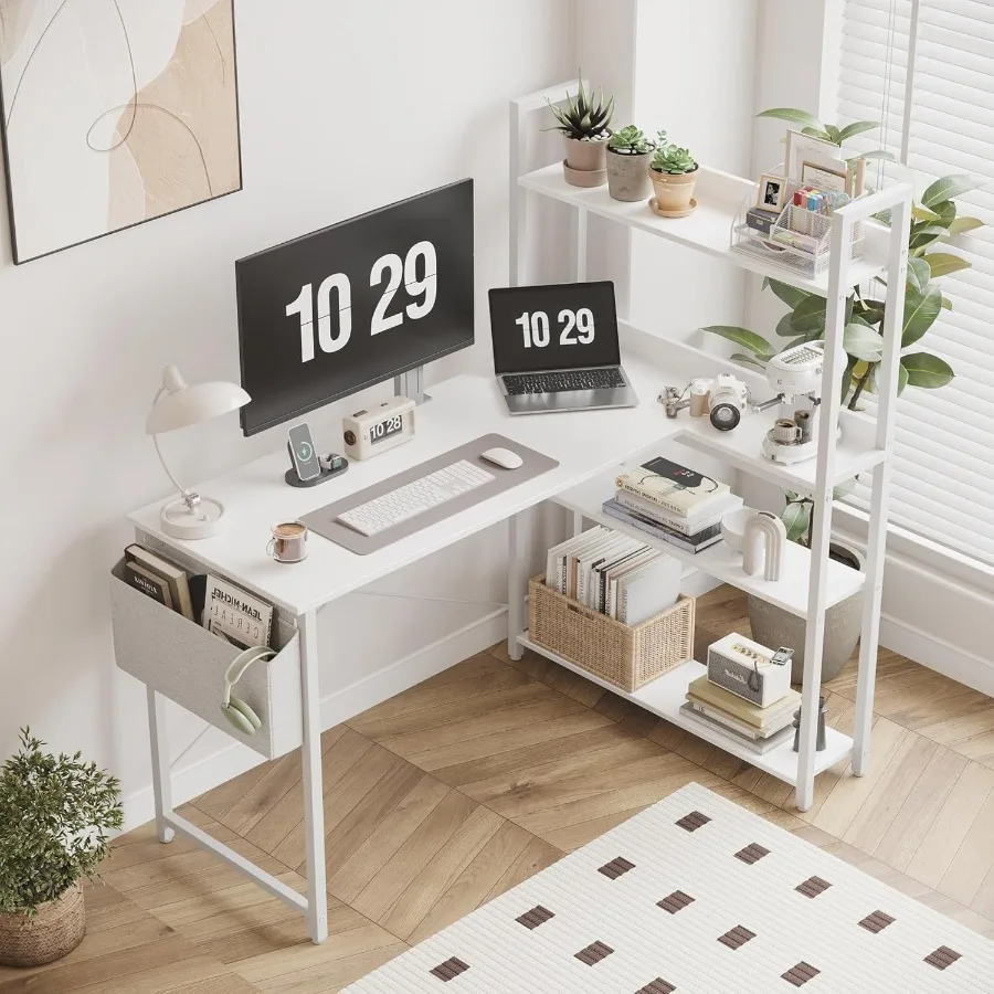 مكتب كمبيوتر على شكل حرف L مقاس 47 بوصة مع رف كتب مدمج ومساحة تخزين ومكتب زاوية للمكتب المنزلي أو غرفة النوم مثالي للكتابة #2