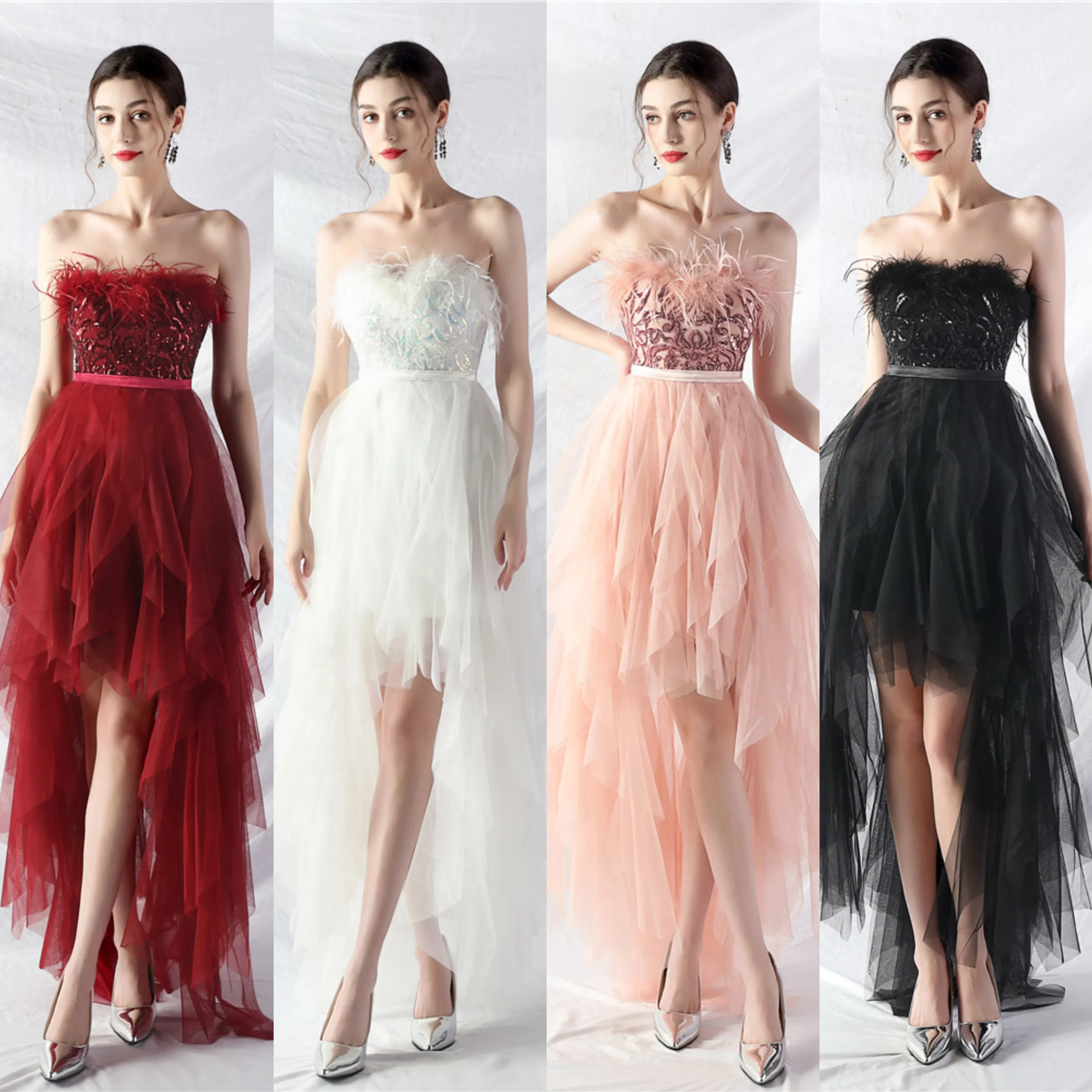 

Handmade Nightclub Bar KTV Model ort Front Long Ba ort Sve Ele Evening Gown with Bird Feather And Me Wrap Chest