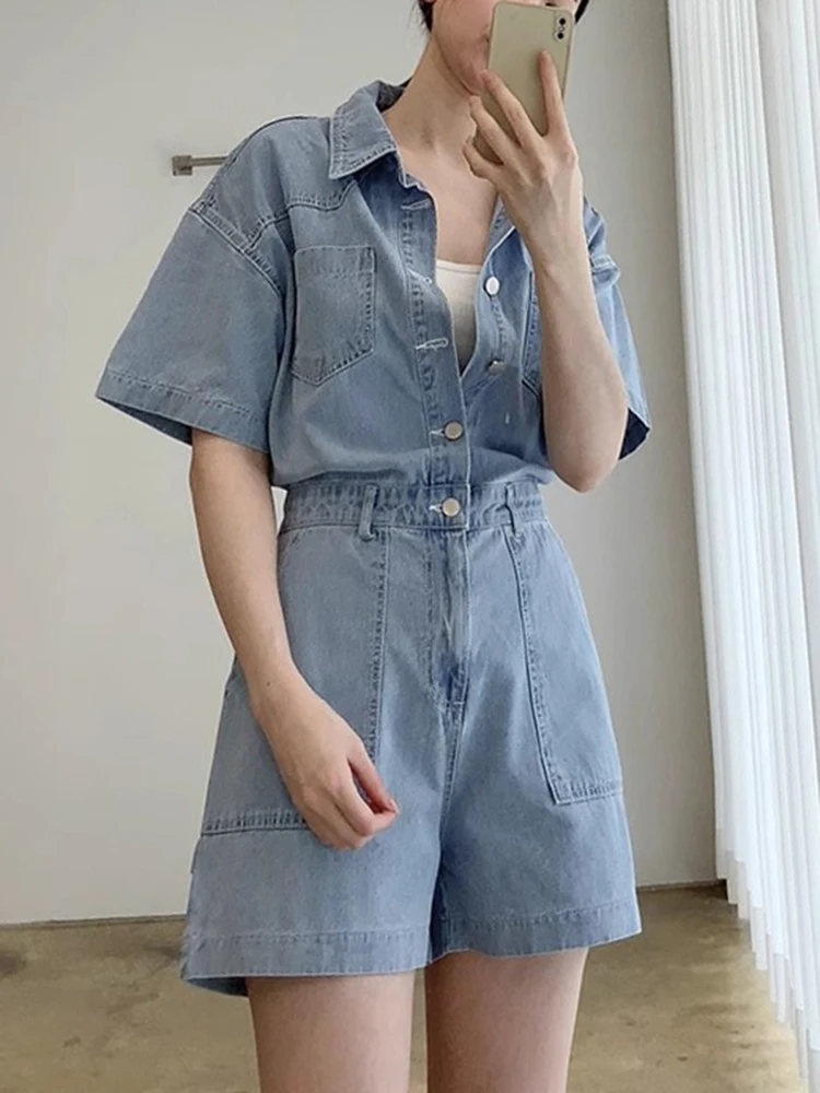 Denim Jumpsuit For Women Single Breasted Gathered Waist Solid Fashion Female Clothes Korean Style 2024 Summer New