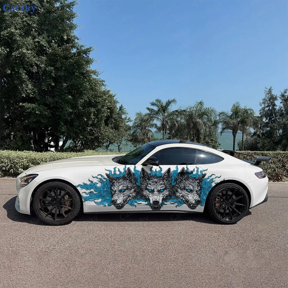 2pcs Gothic Hellhound Three-Headed Wolf Car Side Wraps, Self-Adhesive PVC Waterproof & Scratch-Resistant Stickers, Car Accessory