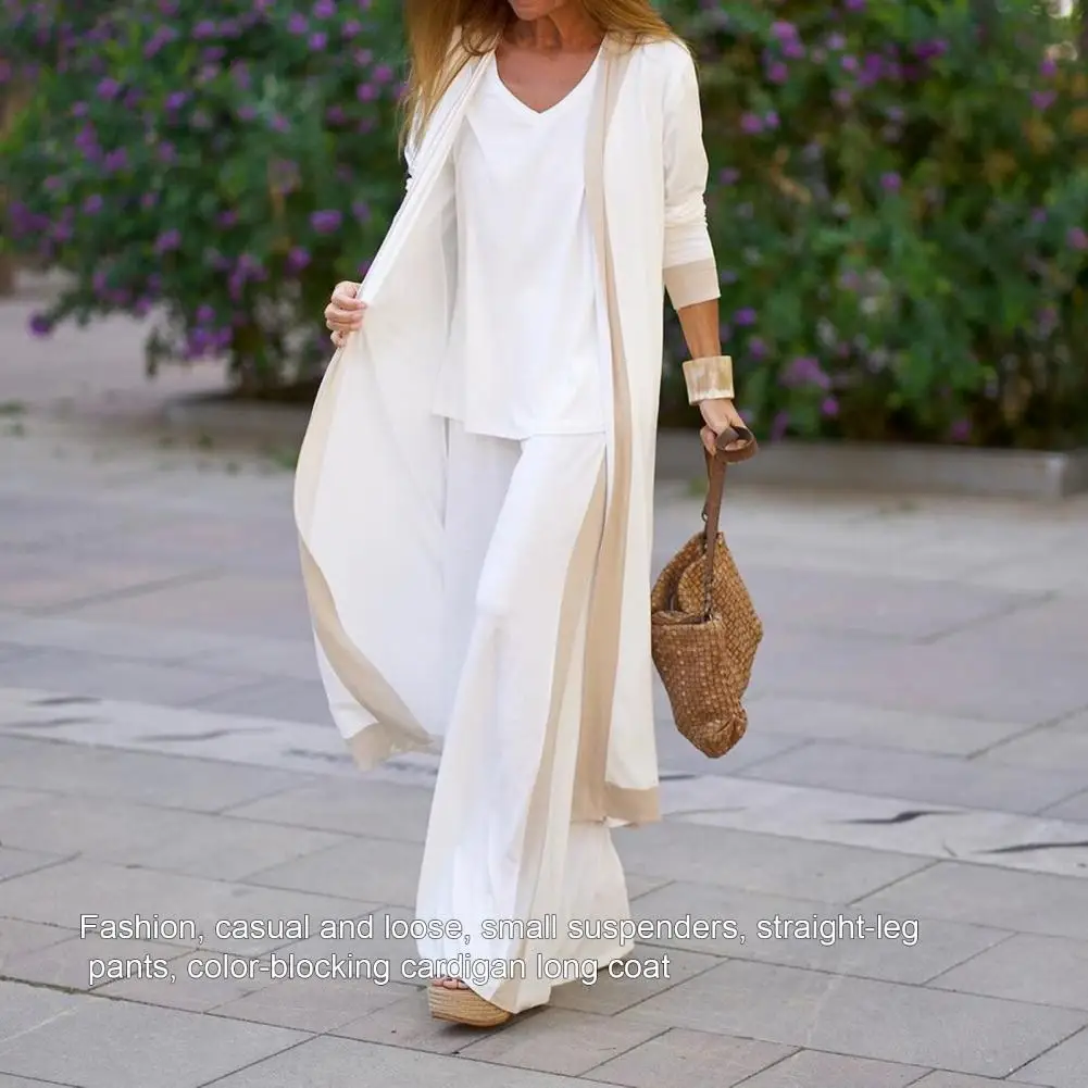 Elegant Long Cardigan Sling Tops Wide Leg Pants Suits Summer Casual Cardigan Camisole Pants Three-Piece Sets Women Outfit