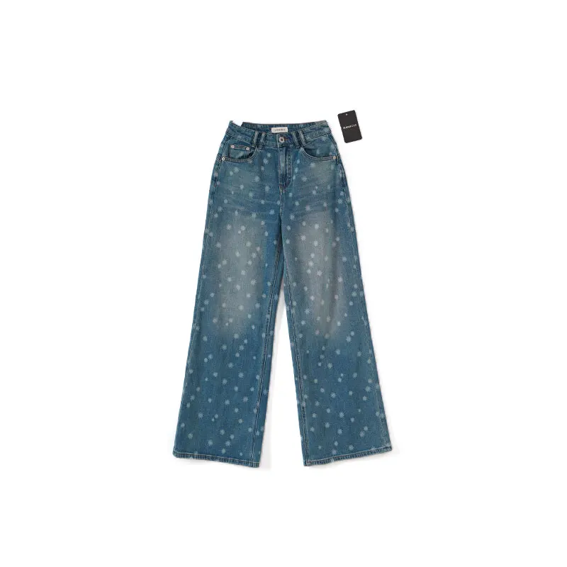 

BodhlCat Retro Print Distressed Wide Leg Jeans Women's Fashionable Casual High Waist Long Straight Cut Loose Fit Denim