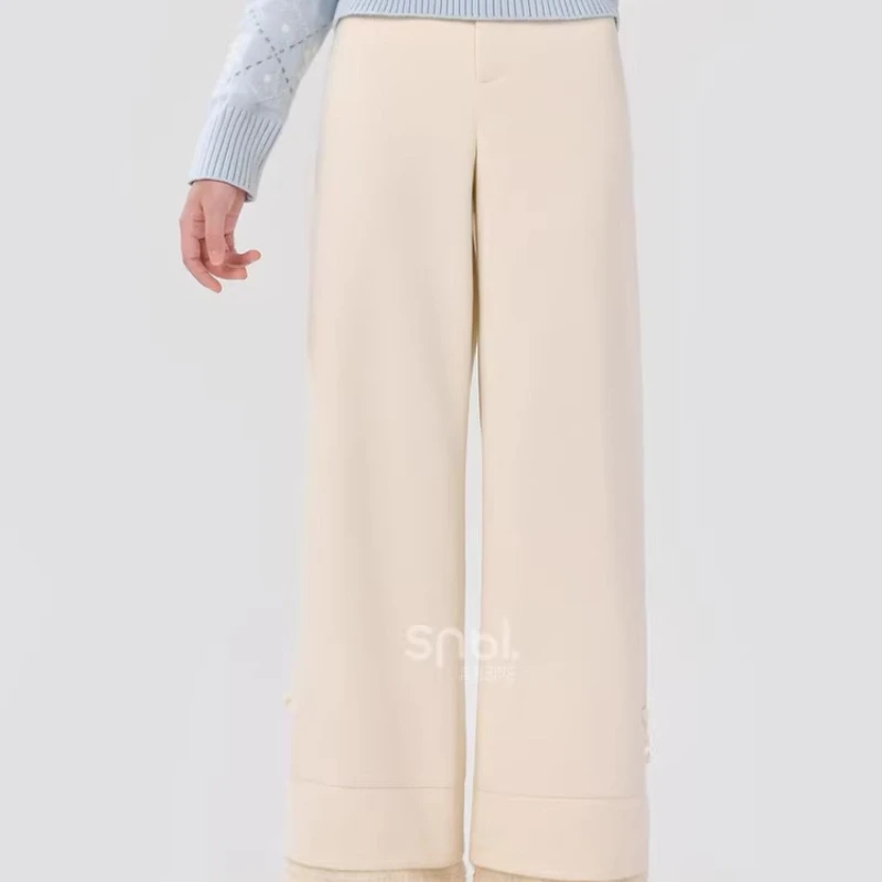 Korean Design Gentle Wind Drooping High Waist Straight Women's Casual Pants 2025 Winter New Lace Woolen Wide-leg Trousers Ladies