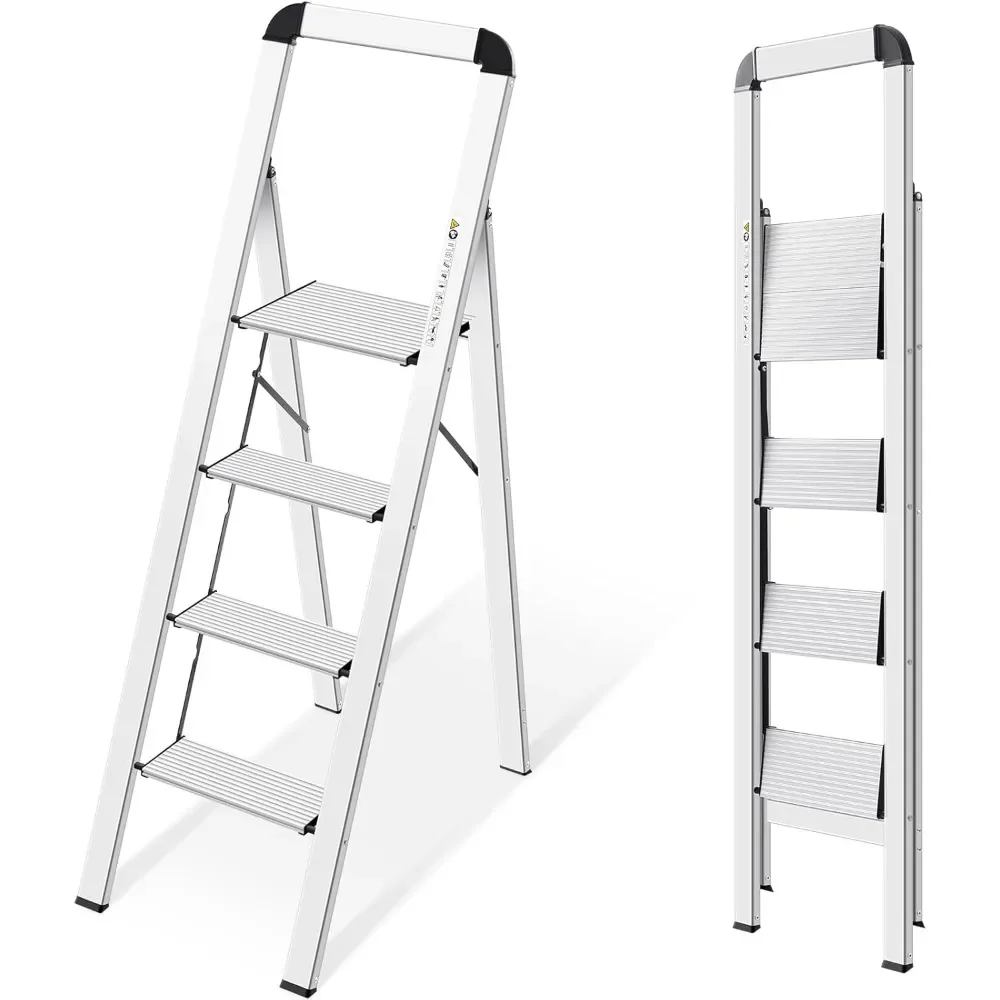 

Commercial Aluminium Handrail Foldable Step Ladder 4 Step Ladder, High Quality Lightweight Step Stool with Non-Slip Pedals