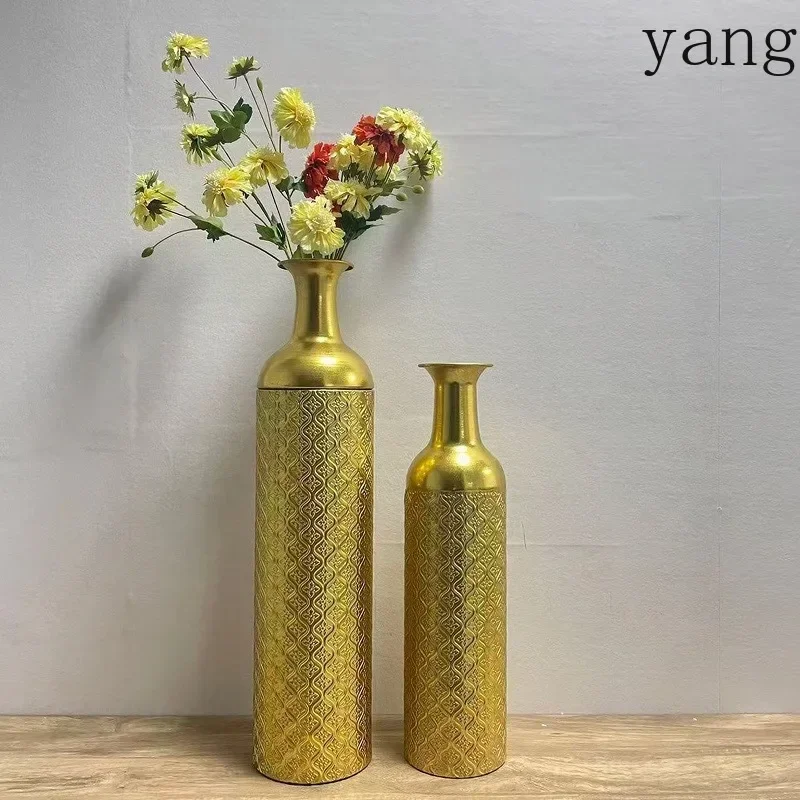 yjq retro gold floor-to-ceiling vase set, living room entrance light luxury flower arrangement ornament