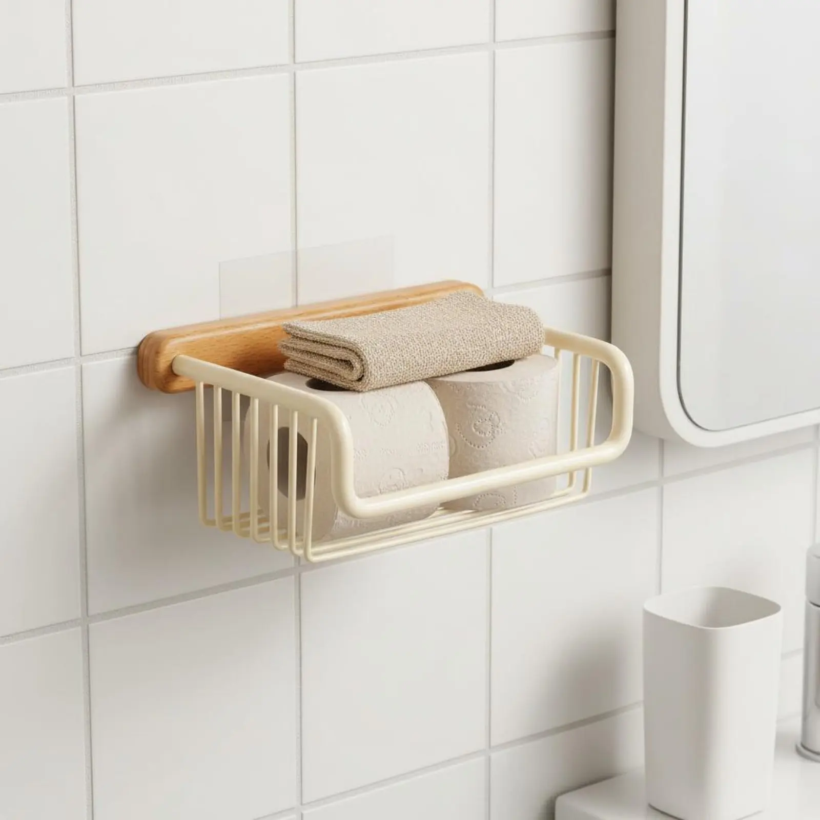 

Walnut Toilet Paper Shelf Waterproof Wall Mounted Tissue Holder Metal Wire Storage Basket Corrosion-Resistant Bathroom Organizer