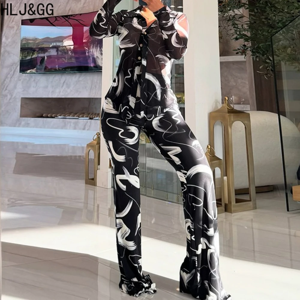 Hlj & gg sexy leopardo impressão malha ver através de conjuntos de duas peças feminino decote em v botão manga longa topo e calças outfits y2k streetwear