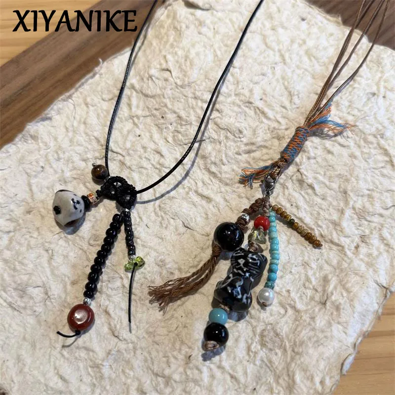

XIYANIKE Handmade Ceramic Cat Dog Natural Stone Tassels Long Necklaces For Women Fashion New Sweater Rope Chain Jewelry Gift