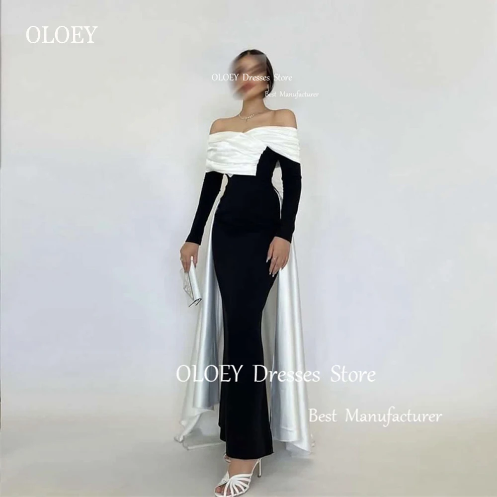 

OLOEY Sexy Off the Shoulder Black And White Evening Party Dresses Saudi Arabic Long Sleeves Ankle Length Simple Formal Gowns