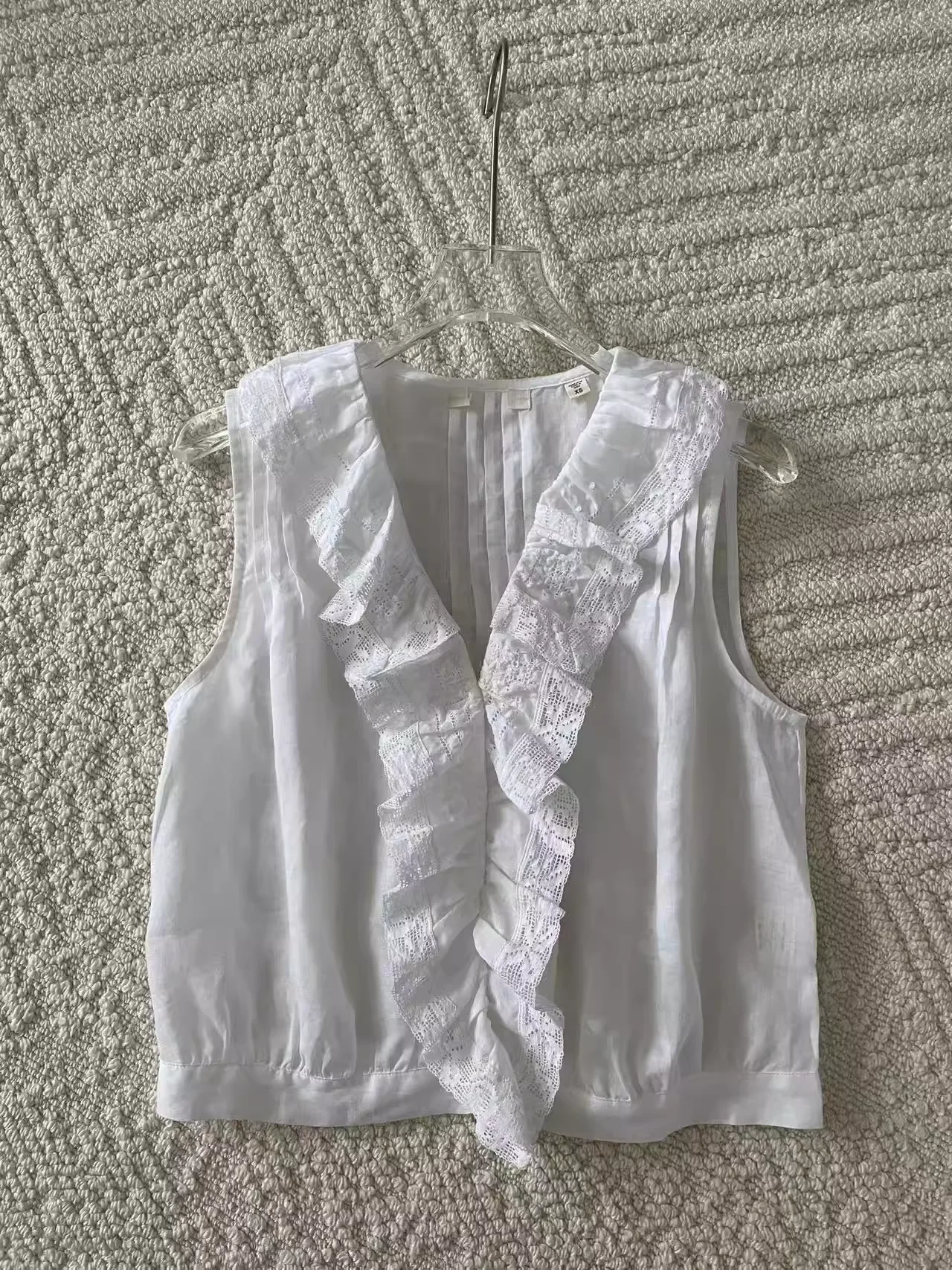 

Embroidery Patchwork Women White Ramie Vest V-Neck Sleeveless Fashion Casual Tank Tops