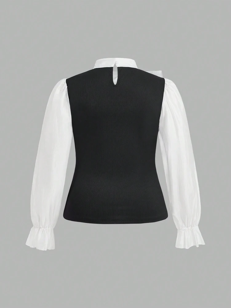 Plus Size Damen Elegant Kontrast Fliege Langarm A-Linie Büroarbeit Hemd Business Rosa Schwarz Braun Am besten für den Frühling – Detail 13