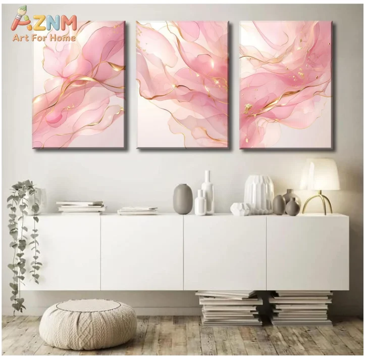 [2D Flat]1/3Pcs Canvas Poster(No Frame!!!) Blush Pink Abstract Fluid Wall Art, Gold Line Marble Print, Romantic Modern Decor for