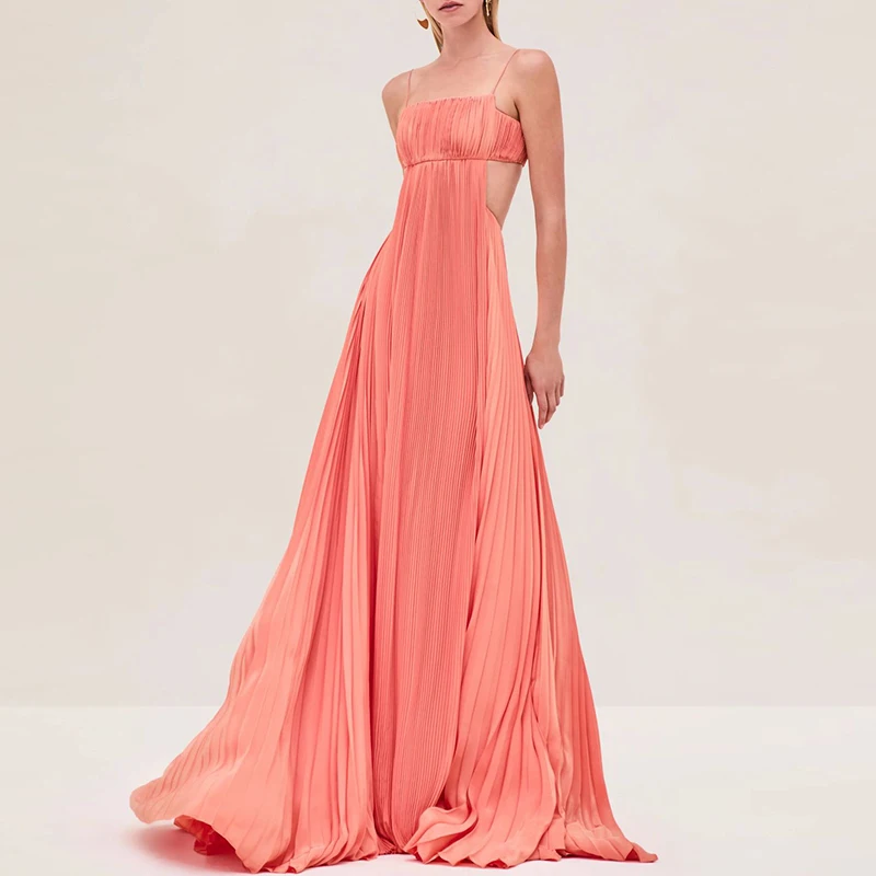 فستان سيدة مثير بدون ظهر متأرجح سادة أنيق بدون أكمام فستان طويل مجوف موضة بدون أكتاف عالي الخصر مطوي فستان سهرة