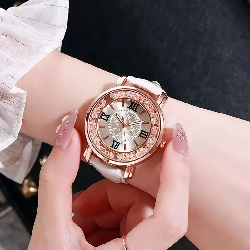 

Women Girl Simple Quartz Wrist Watch PU Leather Strap Crystal Beads Round Dial Wrist Watches for Women Dress Clock Reloj Mujer