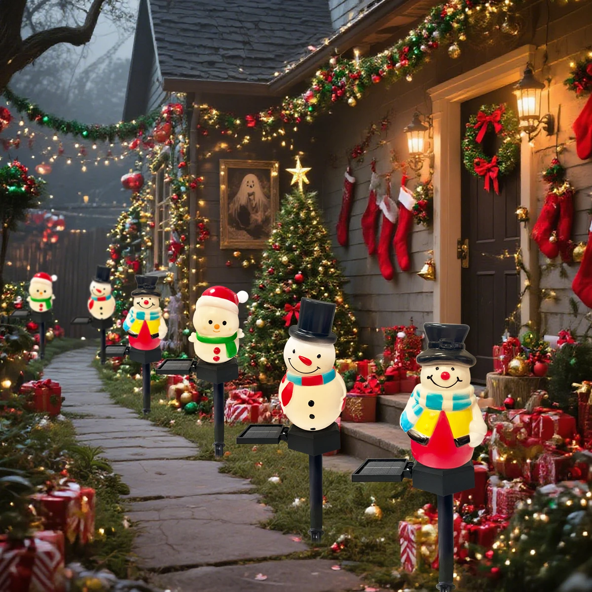 1pc Christmas Cute Snowman Shape Pathway Lights Solar LED Waterproof Walkway Landscape Light For Home Garden Winter Yard Decor