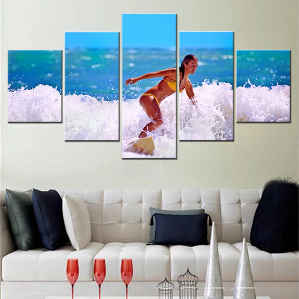 

5 Pieces Canvas Wall Arts Sport Poster Painting Surfing Awesome Wallpaper Home Decor Modular Picture Print For Living Room Mural