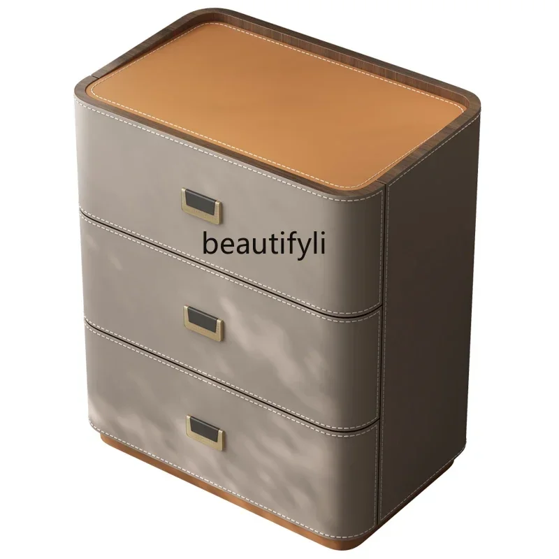 A139  Luxury Saddle Leather Solid Wood Bedside Cabinet Three-Bucket Cabinet Modern Household Bedroom Bedside Storage