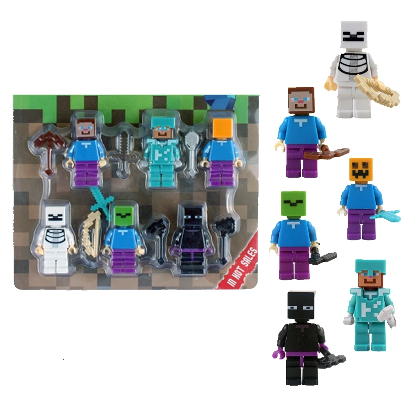 6pcs Minecrafted Steve Cartoon Characters Figures Assemble Blocks Stray Zombie Entity 303 Building Bricks Toys Children Gifts