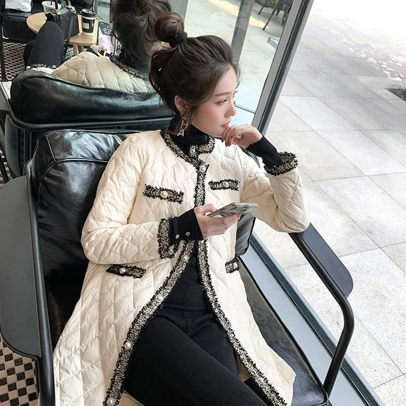 Women Elegant O Neck Button Lightweight Long Warm Outerwear Tassels Patchwork Female Black Padded Jacket 2021 Winter Wadded Coat