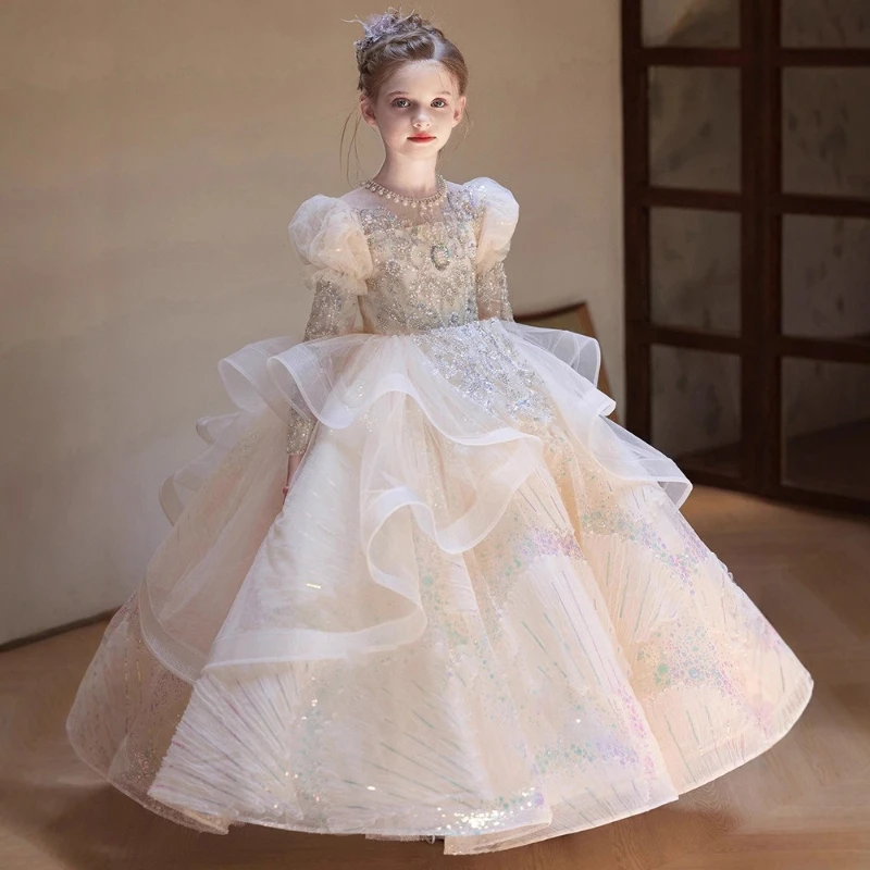 Girls' Formal Dress - High-end Princess Gown Wedding Flower Girl Wedding Dress - Young Hostess White Piano Performance Outfit