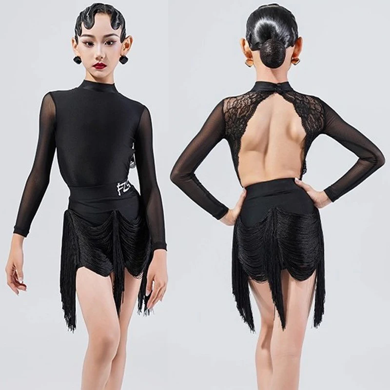 أزياء سوداء قاعة الرقص المنافسة فساتين أطفال أداء الرقص ملابس الفتيات الرقص اللاتينية مهدب زي