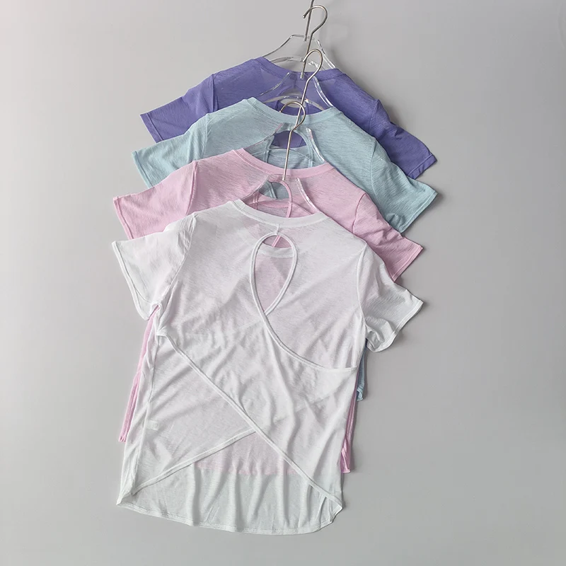 

Одежда для йоги, женская блузка с короткими рукавами, полые крестики, тонкая сетка, красивая уличная рубашка сзади, тонкая спортивная верхняя одежда для фитнеса