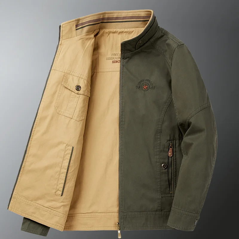 

Весенне-осенняя мужская хлопковая двусторонняя повседневная куртка для среднего возраста с воротником-стойкой, свободное пальто больших размеров, двусторонняя одежда