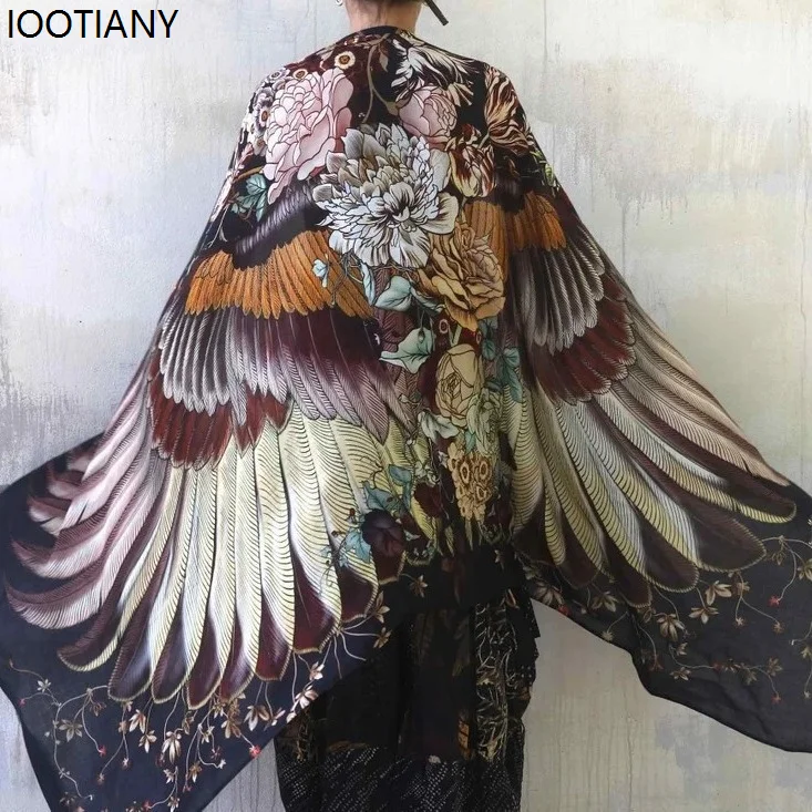 Art Hand-painted Bird Wing Sunscreen Shawl Halloween Mysterious Animal Cosplay Scarf Burning Man Festival Cape Holiday Gifts New