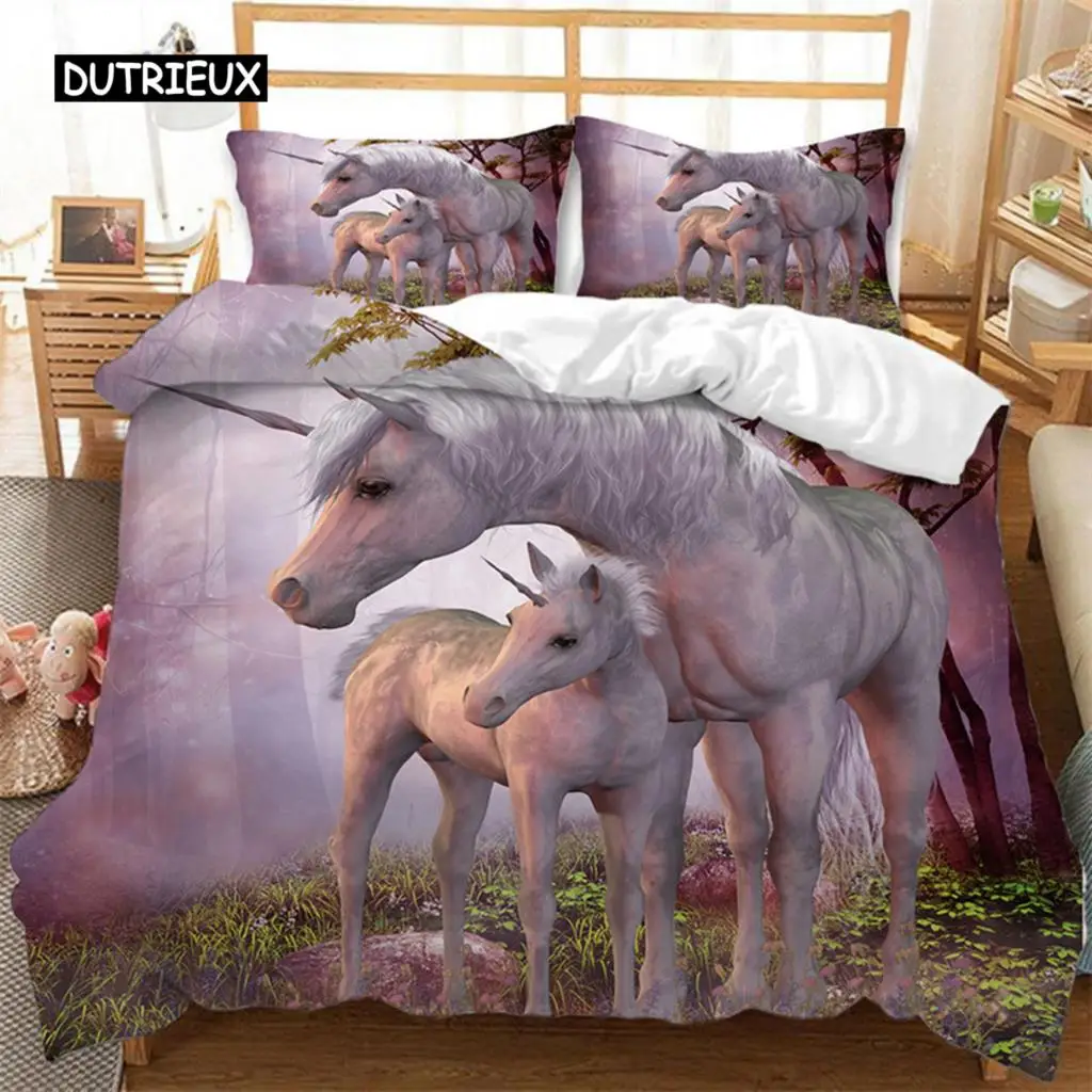 Cute Unicorn Duvet Cover Microfiber Forest White Unicorn Horse Comforter Cover Flying Horse Bedding Set King Full For Girls Teen