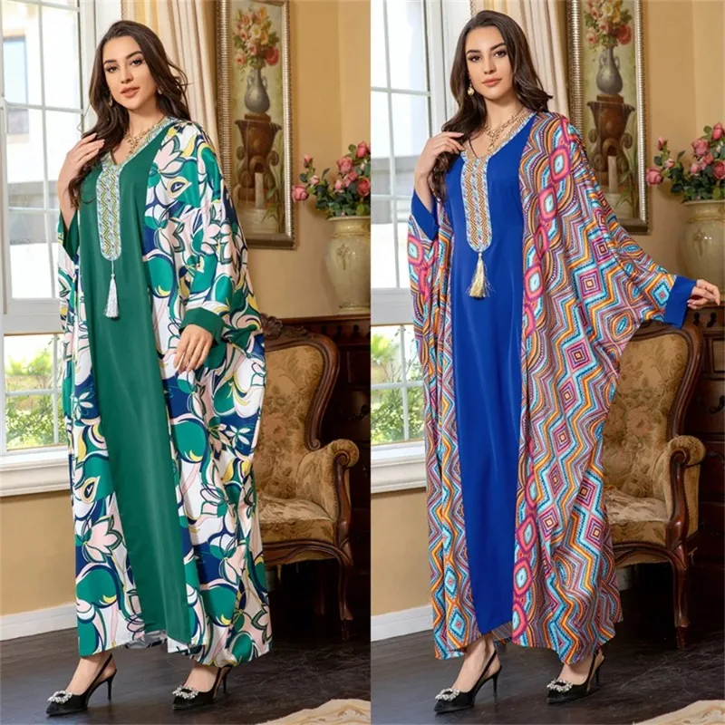 

Batwing Sleeve Contrast Color Casual Abayas Muslim Ramadan Women Dresses Moroccan Saudi Kaftan Arab Robe Islam Clothing