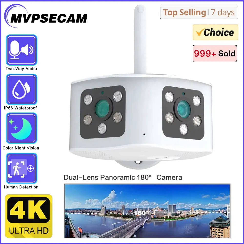 

8MP 4K 180° Ultra Wide View Angle Panoramic WIFI Dual Lens 4MP IP Camera Outdoor Color Motion Detection Home Security Camera