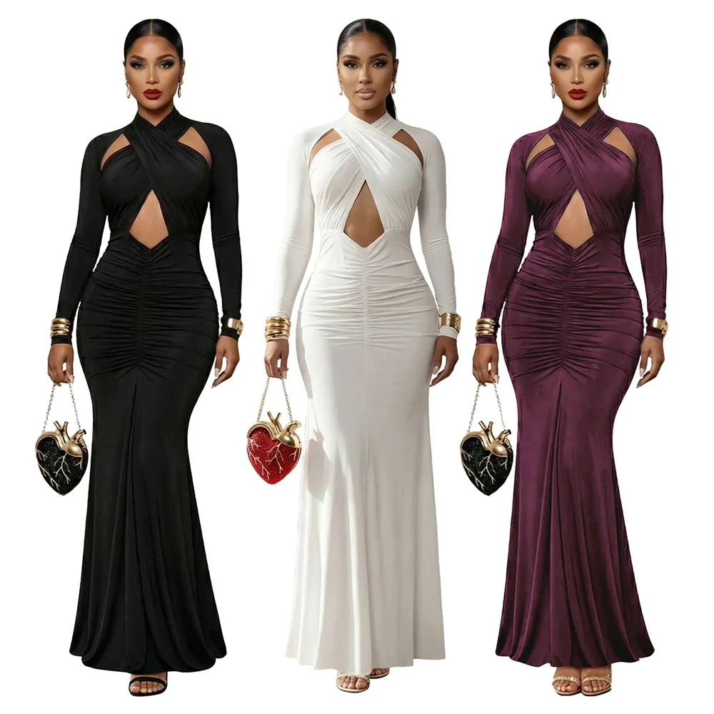 

EINY Sexy Hollow Out Formal Evening Maxi Dress Woman Elegant Party Club Ruched Slim Prom Long Sleeve Bodycon Maxi Dresses y2k