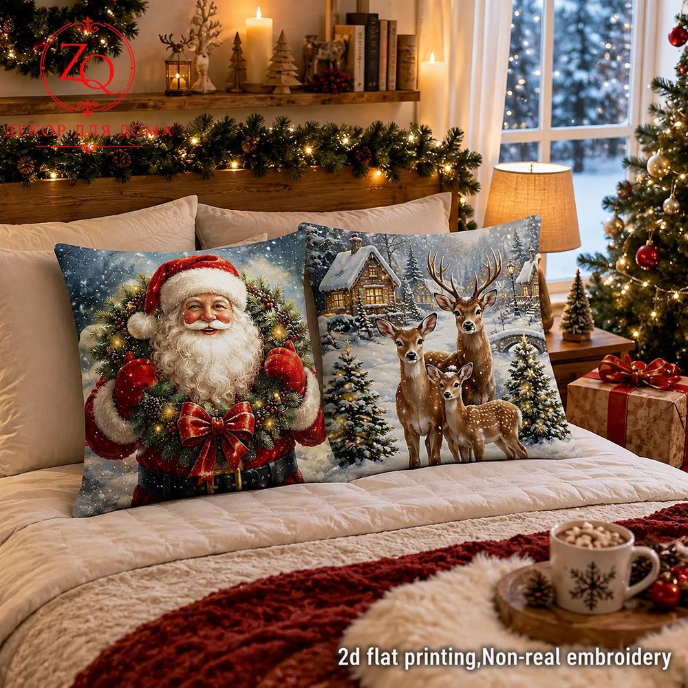 Peach Skin Cushion Cover 2D Flat Printed Santa Claus Deer Throw Pillowcase Holiday Sofa Living Room Home Decor