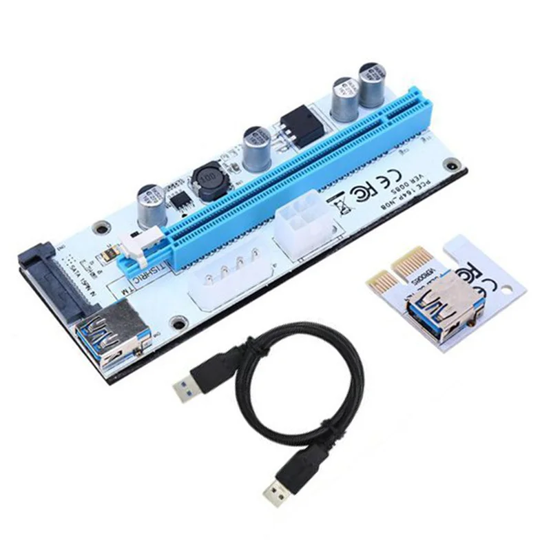 6PCS VER008S 3 In 1 Molex 4Pin SATA 6PIN PCIE PCI-E PCI Express Riser Card 1X To 16X USB 3.0 Cable For Bitcoin Mining