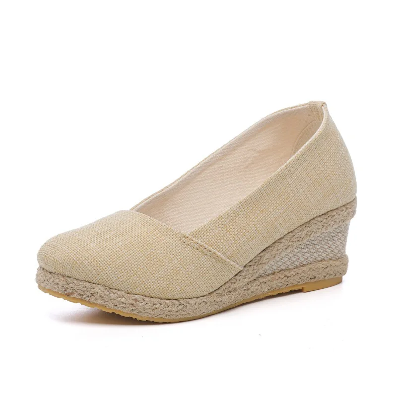 Veowalk Patchwork Women Comfortable Linen Cotton 6cm High Heel Wedge Espadrilles Sandals Summer Slip On Hemp Platform Shoes