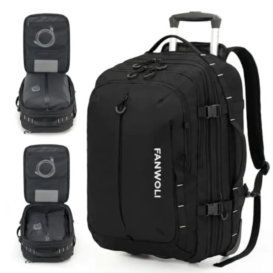 

Rolling Vacuum Backpack Travel 55L Expandable Water Resistant Carry-On Luggage with One-Button Compression in Black for Outdoor