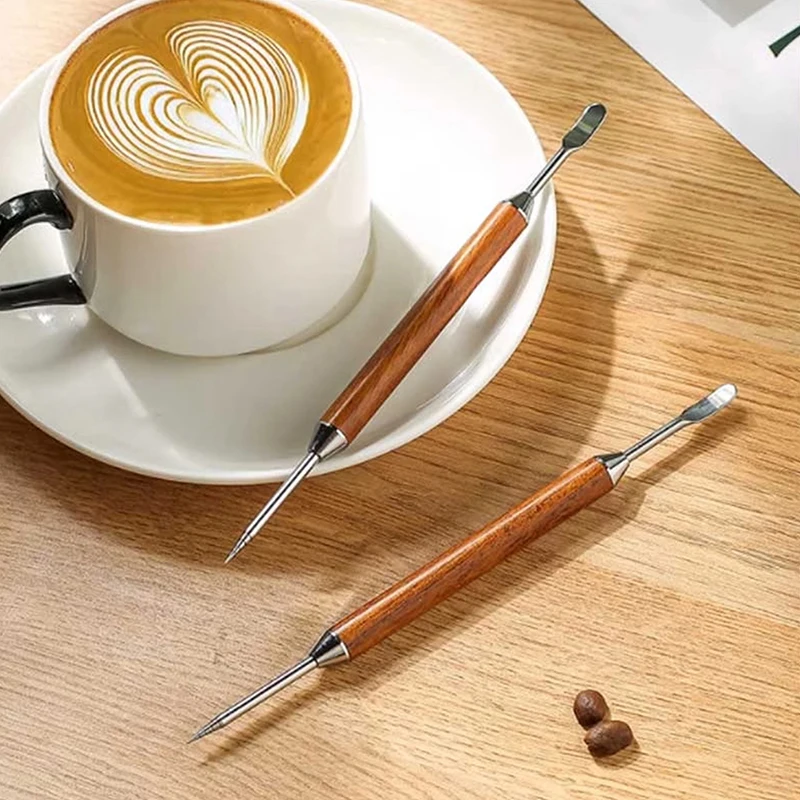 Coffee Decorating Art Pen Stainless Steel Wooden Handle Latte Pull Flower Needle Barista Tool Coffee Accessories Modeling Tool