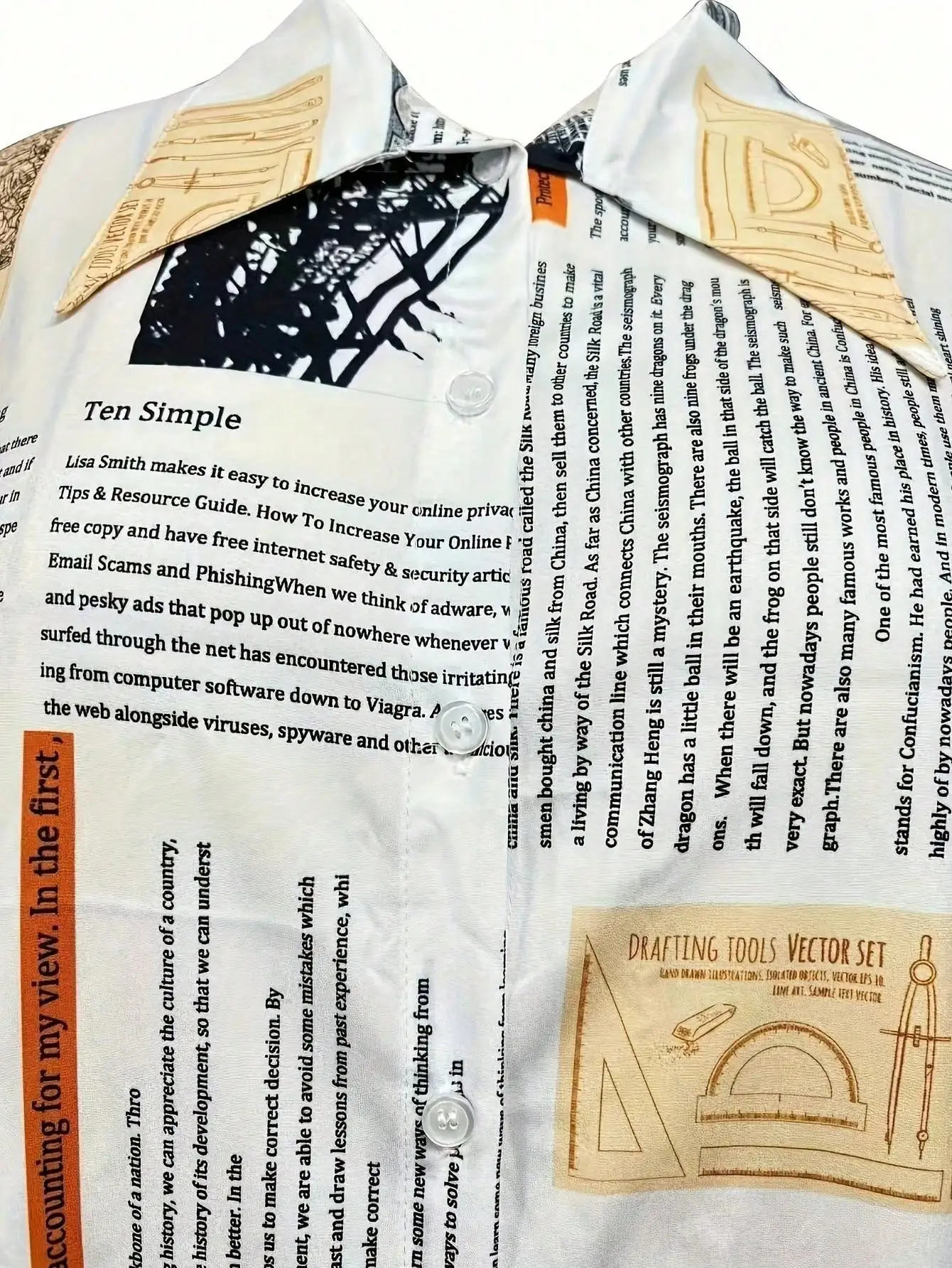 Übergrößen Damen Hemdbluse mit Zeitungsdruck, Knopfleiste und Schlitz am Saum, Locker Sitzende Freizeitbluse